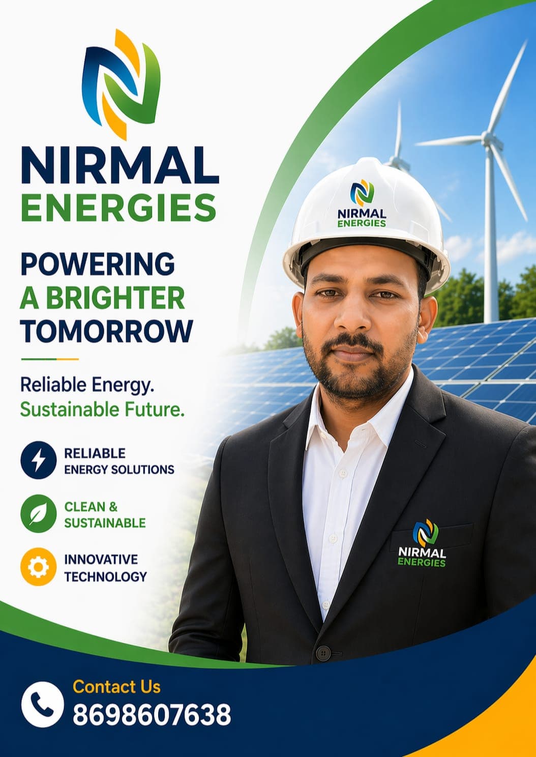 Nirmal Energies brand poster reading Powering a Brighter Tomorrow, with wind turbines and a solar array behind