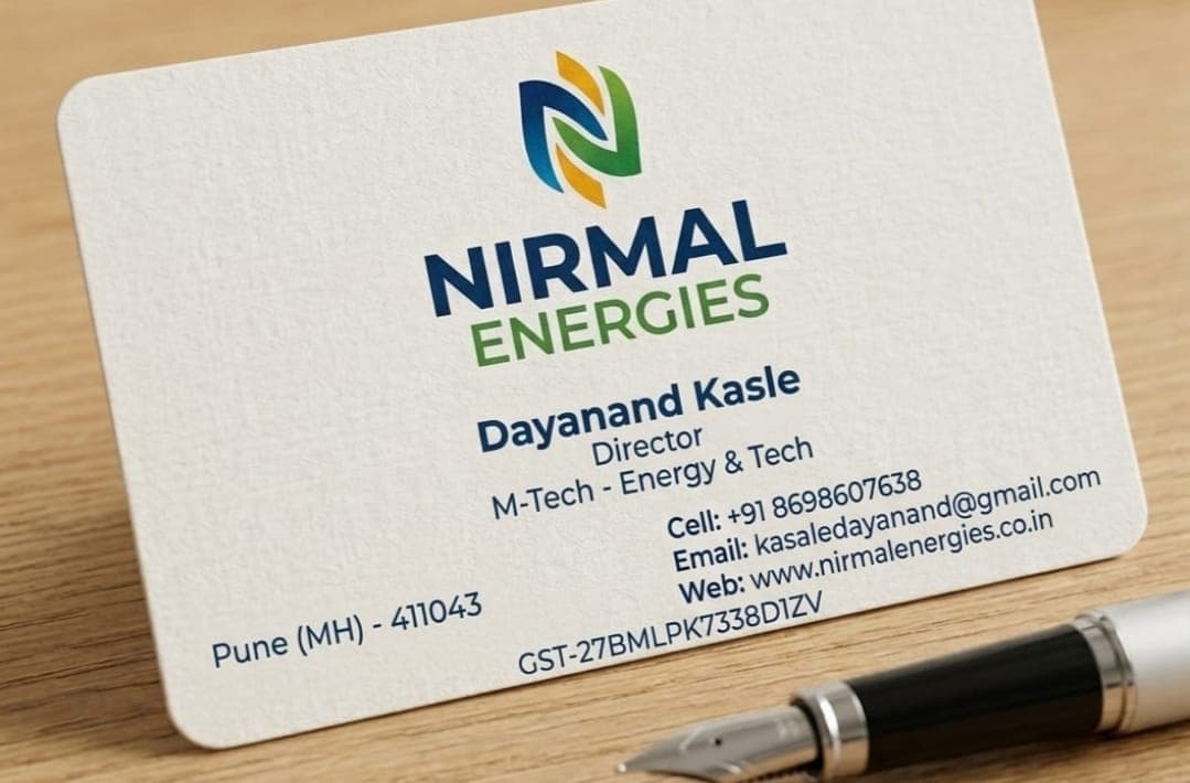 Nirmal Energies business card showing Dayanand Kasle, Director, M-Tech Energy and Tech, with phone, email, website, Pune address and GST number