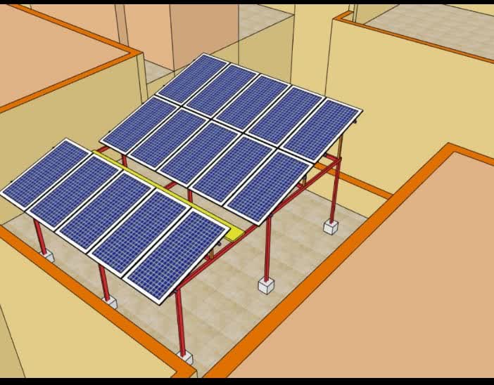 Three-dimensional design render of an elevated solar array over a terrace on red steel posts